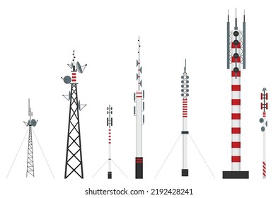 Communication towers. Wireless antennas cellular wifi radio station broadcasting internet channel receiver. Illustration of mobile satellite connection signal transmitter