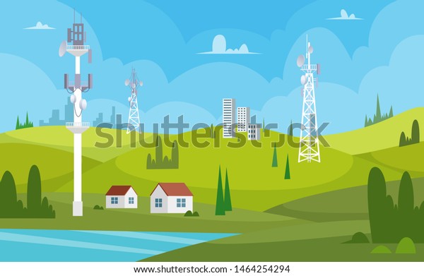 Communication towers. Wireless antennas\
cellular wifi radio station broadcasting internet channel receiver\
vector cartoon background. Illustration of connection antenna\
wireless, signal\
transmitter