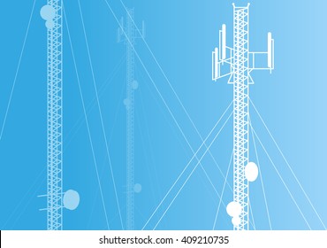 Communication transmission tower radio signal phone antenna blue vector background