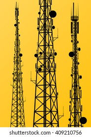 Communication transmission tower radio signal phone antenna yellow vector background