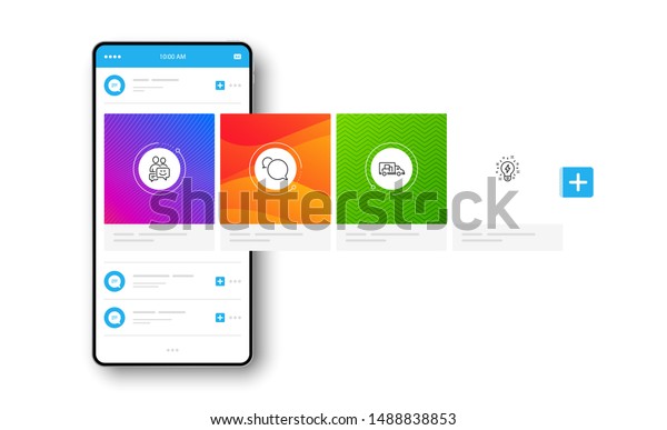 Communication, Truck transport and Messenger line\
icons set. Interface carousel. Inspiration sign. Business messages,\
Delivery, Speech bubble. Creativity. Technology set. Social network\
post. Vector