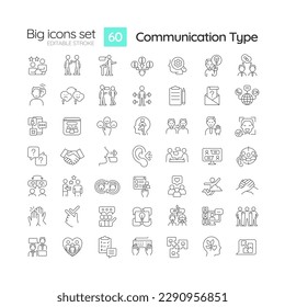 Communication type linear icons set. Social interaction. Project management. Information transmission. Customizable thin line symbols. Isolated vector outline illustrations. Editable stroke