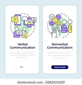 Communication types onboarding mobile app screen. Social networking. Walkthrough 2 steps editable graphic instructions with linear concepts. UI, UX, GUI