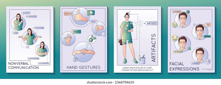 Tipos de comunicación conjuntos de cuatro composiciones verticales con doodle caracteres humanos iconos de gestos de comunicación no verbal ilustración vectorial