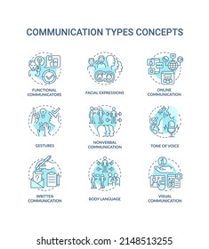 Communication types turquoise concept icons set. Exchanging information idea thin line color illustrations. Tone of voice. Isolated symbols. Editable stroke. Roboto-Medium, Myriad Pro-Bold fonts used