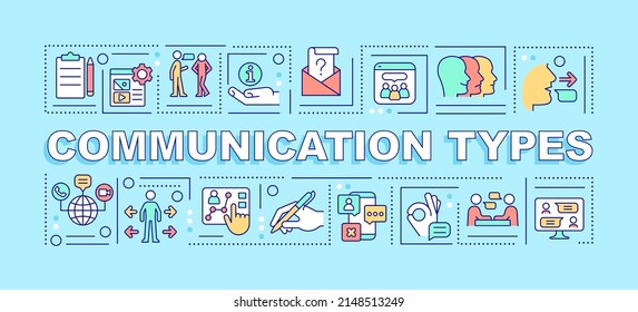 Communication types word concepts turquoise banner. Exchanging information. Infographics with icons on color background. Isolated typography. Vector illustration with text. Arial-Black font used