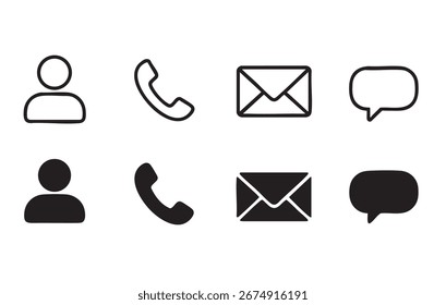 Conjunto de iconos de interfaz de usuario de comunicación: teléfono, correo electrónico, mapa, usuario, hogar, Internet, móvil, contorno y diseño de Vector plano lleno