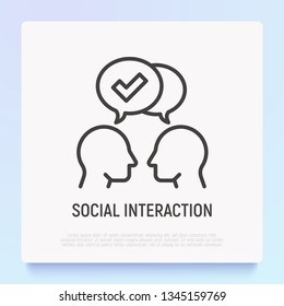 Communication And Understanding Each Other Thin Line Icon: Two Silhouettes Of Heads With Speech Bubbles With Check Mark. Social Interaction. Modern Vector Illustration.