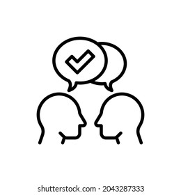Communication and understanding each other thin line icon, two silhouettes of heads with speech bubbles with check mark. Social interaction. Modern vector illustration.