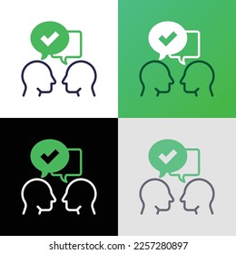 Comunicación y comprensión entre sí icono de línea delgada: dos siluetas de cabezas con burbujas de habla con marca de verificación. Interacción social. Ilustración vectorial moderna.