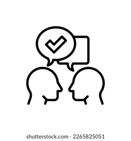 Communication and understanding each other thin line icon: two silhouettes of heads with speech bubbles with check mark. Social interaction. Modern vector illustration.