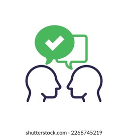 Communication and understanding each other thin line icon: two silhouettes of heads with speech bubbles with check mark. Social interaction. Modern vector illustration.