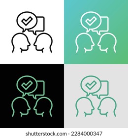 Communication and understanding each other thin line icon: two silhouettes of heads with speech bubbles with check mark. Social interaction. Modern vector illustration.