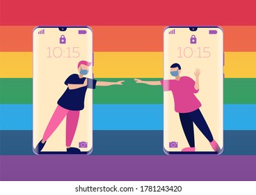 Comunicación a través de un teléfono móvil. El distanciamiento social. Diseño en un fondo de colores arcoiris