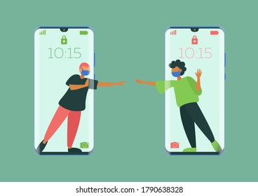Comunicación a través de un teléfono móvil. El distanciamiento social. Mantener la comunicación entre las personas durante una pandemia. Diseño en un fondo verde