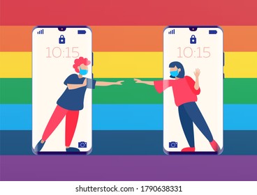Communication using a mobile phone. Social distancing. Maintaining communication between people during a pandemic. Design on a rainbow colors background
