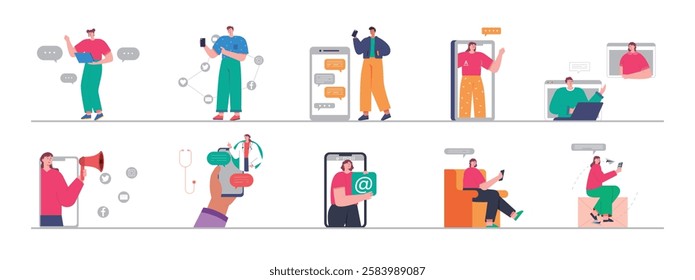 Communication using smartphone, chatting with application mobile. Design character. Vector flat illustration packs