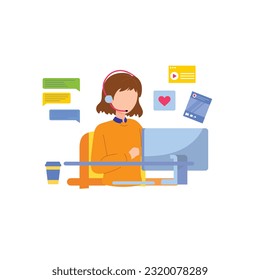 Communication vector concept with social networks signs and young people talking to each other flat vector illustration