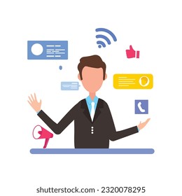 Communication vector concept with social networks signs and young people talking to each other flat vector illustration