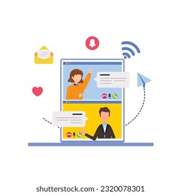 Communication vector concept with social networks signs and young people talking to each other flat vector illustration