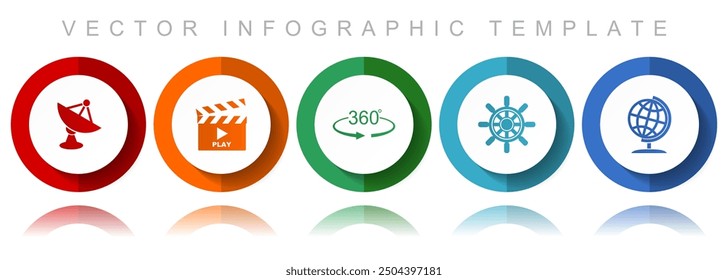 Communication vector icon collection, miscellaneous icons such as satellite antenna, cinema, 360 degree, ship wheel and globe, flat design infographic template in eps 10