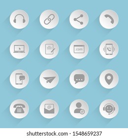 Communication vector icons on round puffy paper circles with transparent shadows on blue background. Stock vector icons for web, mobile and user interface design