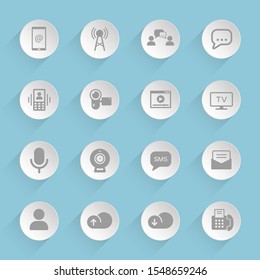 Communication vector icons on round puffy paper circles with transparent shadows on blue background. Stock vector icons for web, mobile and user interface design