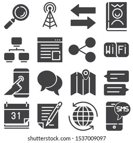 Communication vector icons set, modern solid symbol collection, filled style pictogram pack. Signs logo illustration. Set includes icons as broadcast antenna, transfer arrows, link share, chat message