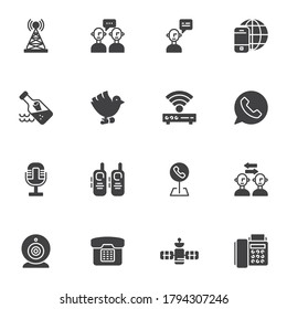 Conjunto de iconos de vector de comunicación, colección de símbolos sólidos modernos, paquete de pictogramas de estilo relleno. Señales, ilustración del logotipo. Establecer incluye iconos como conversación, notificación, mensaje de chat de grupo, teléfono