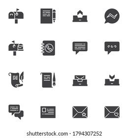 Communication vector icons set, modern solid symbol collection, filled style pictogram pack. Signs, logo illustration. Set includes icons as mailbox, correspondence with email, chat message, comment