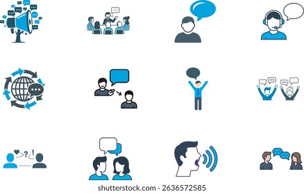 Communication Vector Icons Set – Speech Bubbles, Global Chat, Team Talk, Customer Support, Public Speaking, Dialogue, and Digital Conversation Illustrations for Web Design, Apps, and Presentations