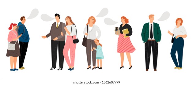 Communication vector illustration. Flat people talk and laugh. Vector characters with kids and pets