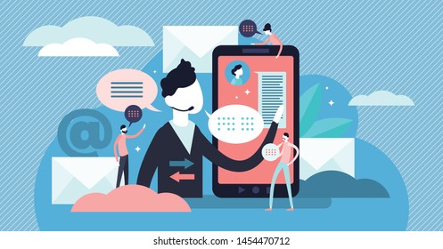 Communication vector illustration. Flat tiny talk or chat persons concept. Social connection technology and modern media device. Discussion or conversation abstract banner and businessman lifestyle.