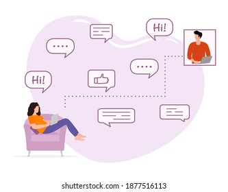 Communication Vector illustration. People video chatting through the Internet on laptop computer. Dialogue speech bubbles. Man and woman communicate on computer. social communication design for print
