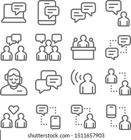 Communication Vector Line Icon Set. Contains such Icons as Message, Public Speaker, Chat, Customer Support, Listener and more. Expanded Stroke