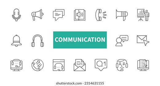 Conjunto de iconos de la línea del vector de comunicación. Se puede usar para temas como negocios, comunicación, tecnología