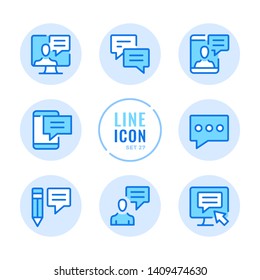 Communication vector line icons set. Message, online chat, text messaging, speech bubbles outline symbols. Modern simple stroke graphic elements. Round icons