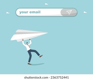 Communication via email, sending emails and letters, work business correspondence of company employees, targeting and information concept, man launches paper airplane under message sending line.