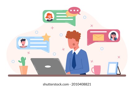 Communication via the Internet concept. Man is sitting at laptop and communicating with friends on social networks. New message. Cartoon modern flat vector illustration isolated on a white background