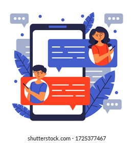 Communication via internet concept. Vector illustration of communication via the Internet, social networking,chat, video,news,messages,web site, search friends, mobile web graphics. 