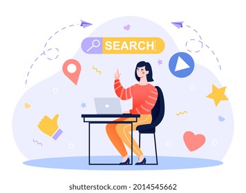 Communication via the Internet concept. Woman sitting at laptop, flipping through social network, sending message and looking for information. Conversation at distance. Flat vector illustration