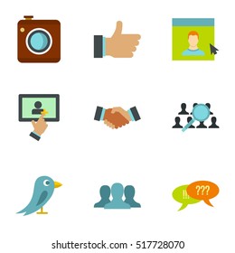 Communication via internet icons set. Flat illustration of 9 communication via internet vector icons for web