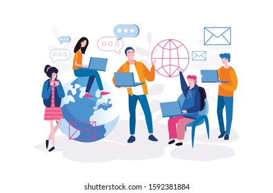 Communication via the Internet, Millennials, young people, students, Vector illustration for web banner, infographics, mobile, social networking, chat, video, news, messages, web site, search friends