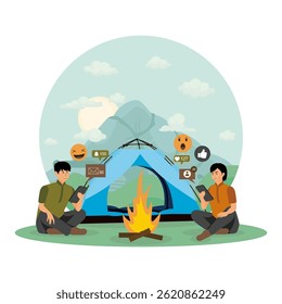 Communication via the internet or online. Romantic couple sitting relaxing near the tent and campfire sending messages to each other. Flat vector modern illustration