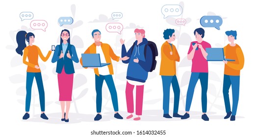 Communication via the Internet, social networking, Vector illustration for web banner, infographics, mobile. chat, messages, web site, news, search friends.