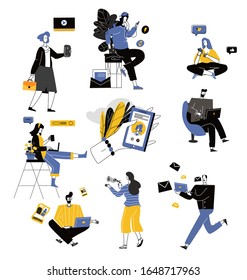 communication via the Internet, social networking, video,news,messages,chat,web site, search friends, mobile web graphics. Flat style vector illustration.
