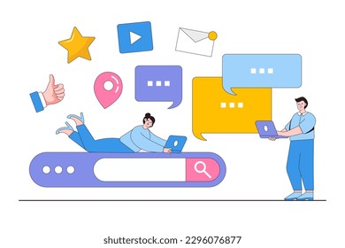 Comunicación a través de internet, redes sociales, chat, video, mensajes, concepto de búsqueda de amigos. Diseño de contorno ilustración vectorial mínima para página de inicio, banner web, infografías, imágenes de héroe.