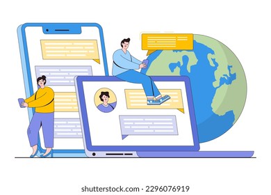 Communication via the internet, social networking, chat, video, messages, search friends concept. Outline design minimal vector illustration for landing page, web banner, infographics, hero images.
