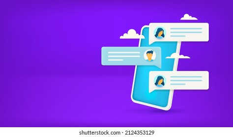 Communication via mobile messenger concept. Vector banner with copy space