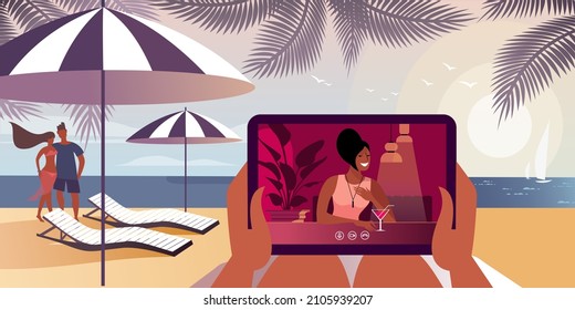 Communication via tablet Internet messenger While Traveling abroad on vacation. Vector illustration for landing page mockup or flat design advertising banner.